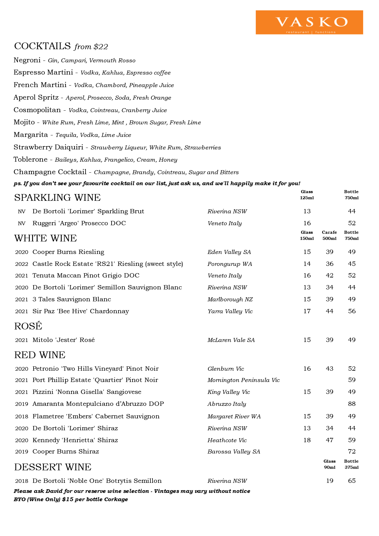 Vasko wine list July 2022